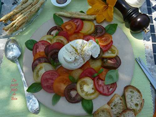 Carpaccio de tomates multicolores burrata et gressins au basilic