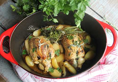 Coquelets au beurre d'herbes sous peau et grenailles