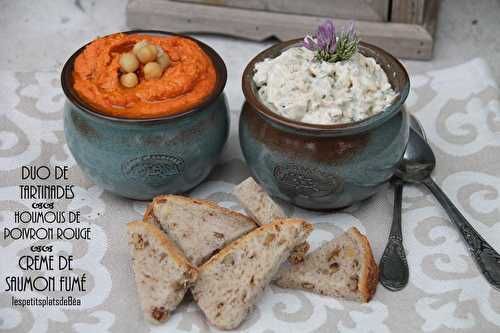 Duo de tartinades : houmous de poivron rouge, crème de saumon fumé