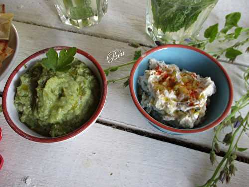 Duo de tartinades : tartinade printanière aux artichauts, fèves et petits pois et tartinade au chèvre frais et pikles de concombre.