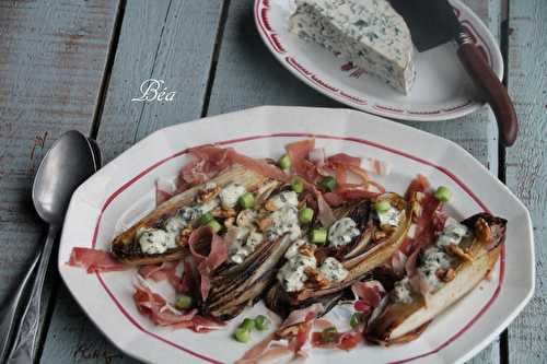 Endives braisées à la fourme d'Ambert, noix et jambon de Bayonne