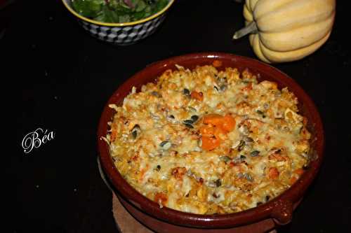 Gratin de pâtes au poulet, potimarron et cantal - Les petits plats de Béa