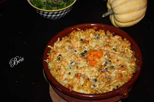 Gratin de pâtes au poulet, potimarron et cantal