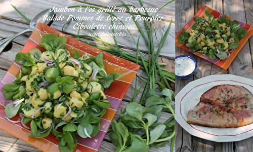 Jambon à l'os grillé au barbecue,  salade de  pomme de terre et pourpier