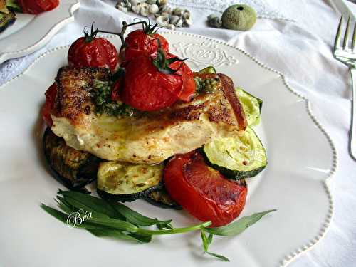 Loup de mer aux légumes rôtis et pesto d'herbes du jardin