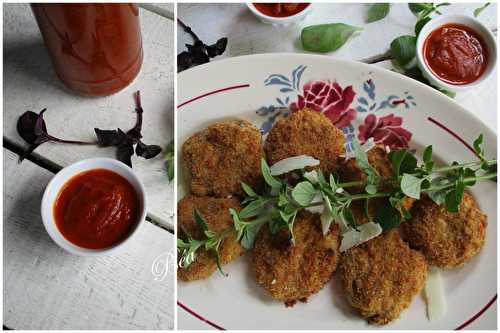 Nuggets au parmesan et tomates confites, ketchup maison au basilic