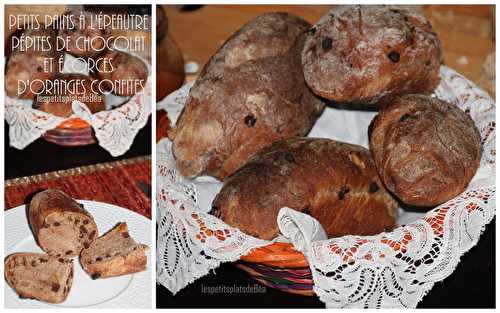 Petits pains à l'épeautre, pépites de chocolat et écorces d'oranges confites.