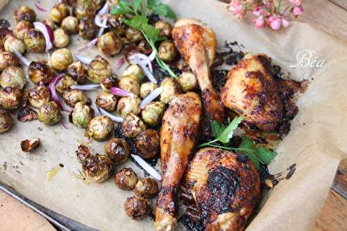 Poulet à la moutarde et au sirop d'érable et choux de Bruxelles rôtis