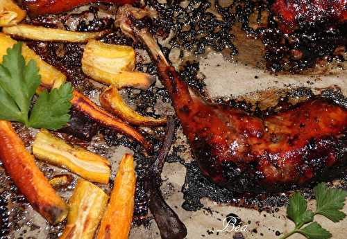 Poulet laqué à la gelée de grenade et carottes multicolores rôties - Les petits plats de Béa