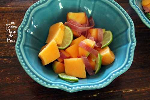 Salade de melon au jambon de Bayonne et citron vert.