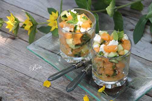 Tartare melon, concombre et feta à la menthe