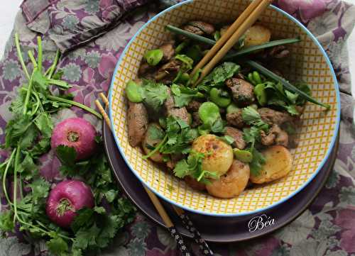 Wok d'agneau aux navets nouveaux et aux fèves