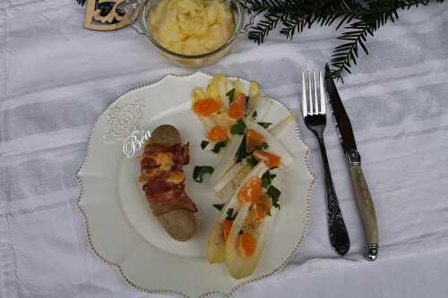 Boudins blancs lardés, purée de pommes de terre à l'huile à la truffe et salade d'endives à la clémentine - Les petits plats de Béa