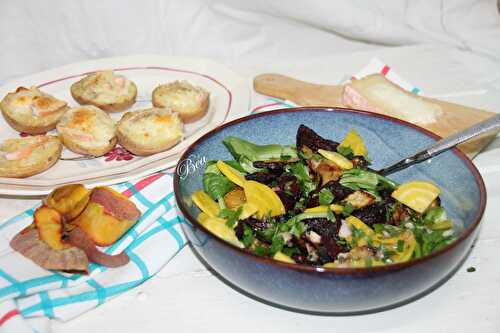 Pommes de terre au fromage de Bergues et salade de betteraves rôties et mâche