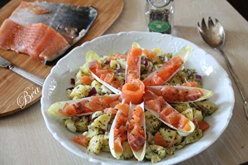 Salade de pommes de terre et endives au saumon grarvlax aux 5 baies