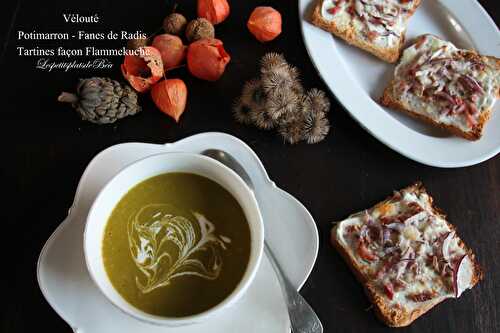 Velouté de potimarron et fanes de radis, tartines façon flammekuche