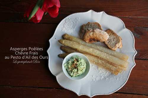 Asperges poêlées, crème de chèvre frais au pesto d'ail des ours