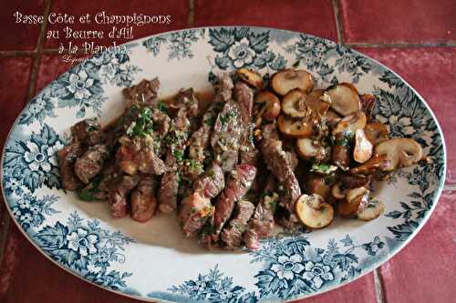 Basse côte et champignons au beurre d'ail à la plancha