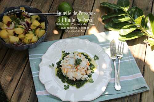 Emietté de poissons à l'huile de persil - salade de pommes de terre aux tomates séchées - balade dans la Baie de la Canche