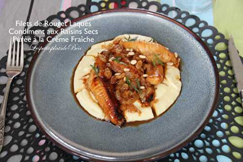 Filets de rouget laqués, condiment aux raisins secs