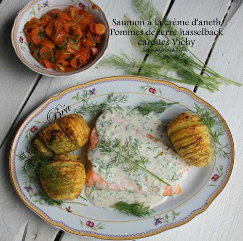 Saumon à la crème d'aneth, pommes de terre Hasselback et carottes vichy - balade norvégienne