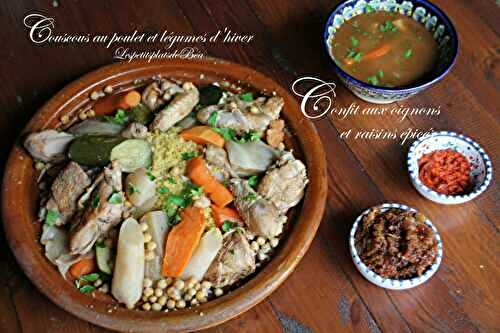 Couscous au poulet et légumes d'hiver, confit d'oignons aux raisins secs épicés - balade tunisienne à Tunis