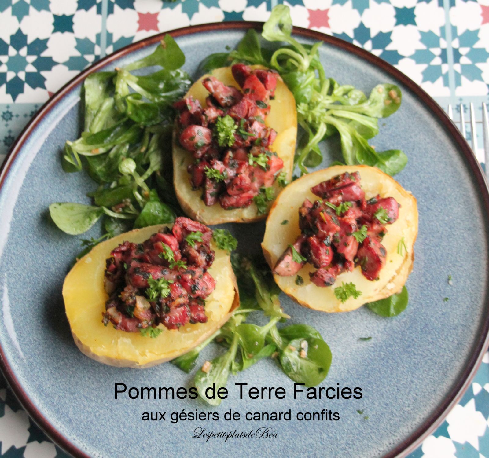 Pommes de terre farcies aux gésiers de canard confits