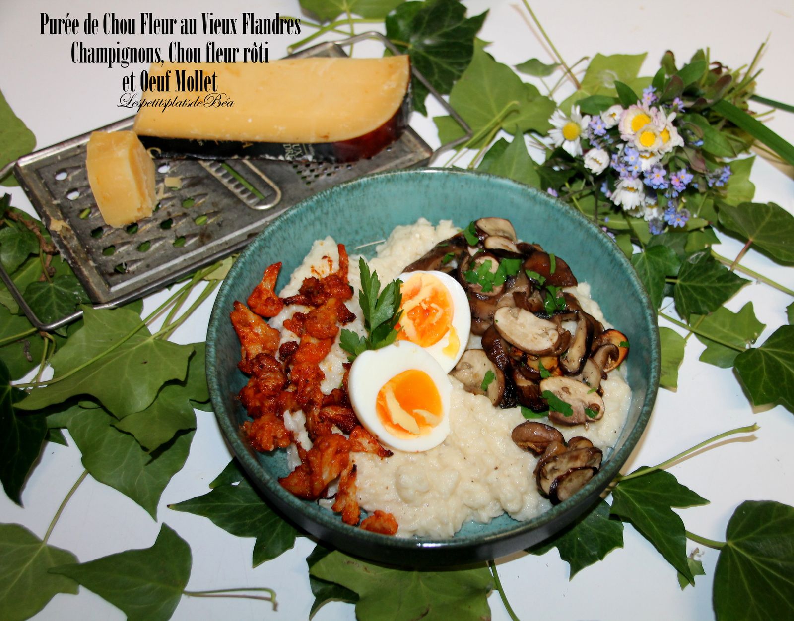 Purée de chou fleur au vieux Flandres, champignons, chou fleur rôti et oeuf mollet