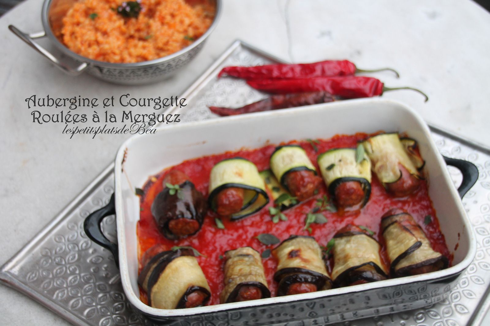 Aubergine et courgette roulées à la merguez