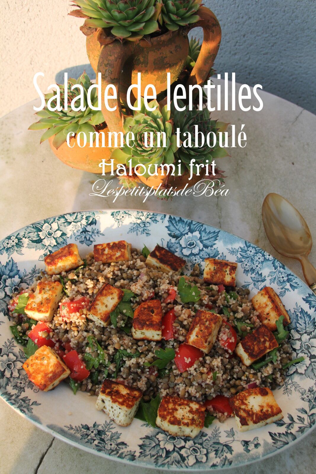 Salade de lentilles comme un taboulé et halloumi frit