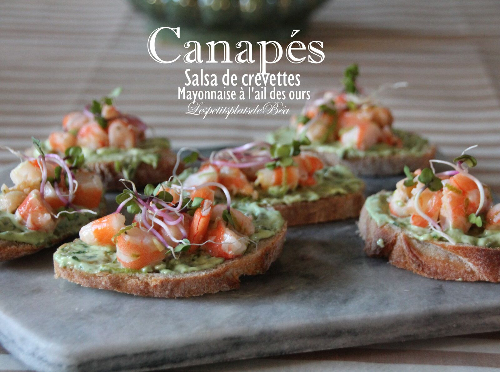Canapés à la salsa de crevettes et mayonnaise à l'ail des ours