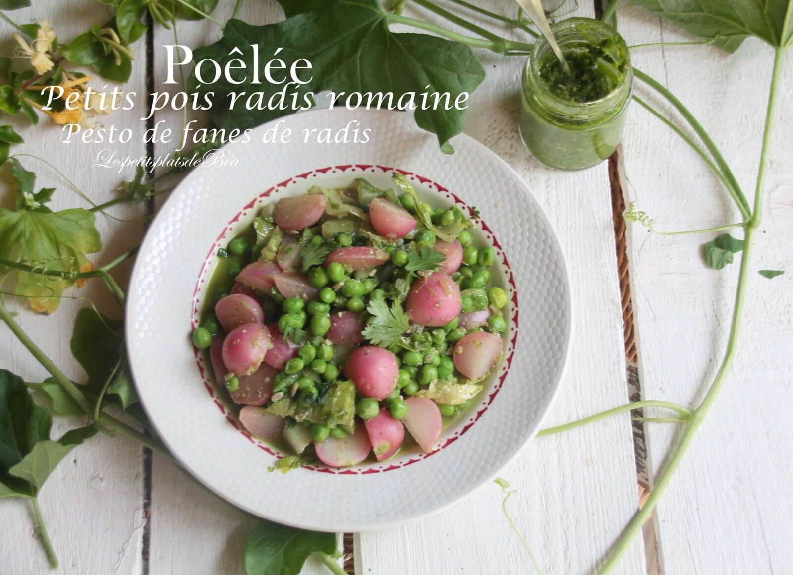 Poêlée de petits pois, radis et romaine au pesto de fanes de radis