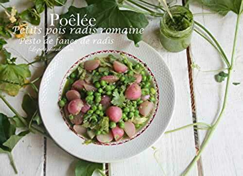 Poêlée de petits pois, radis et romaine au pesto de fanes de radis