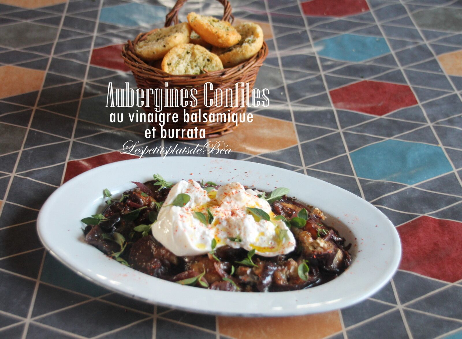 Aubergines confites au vinaigre balsamique et burrata