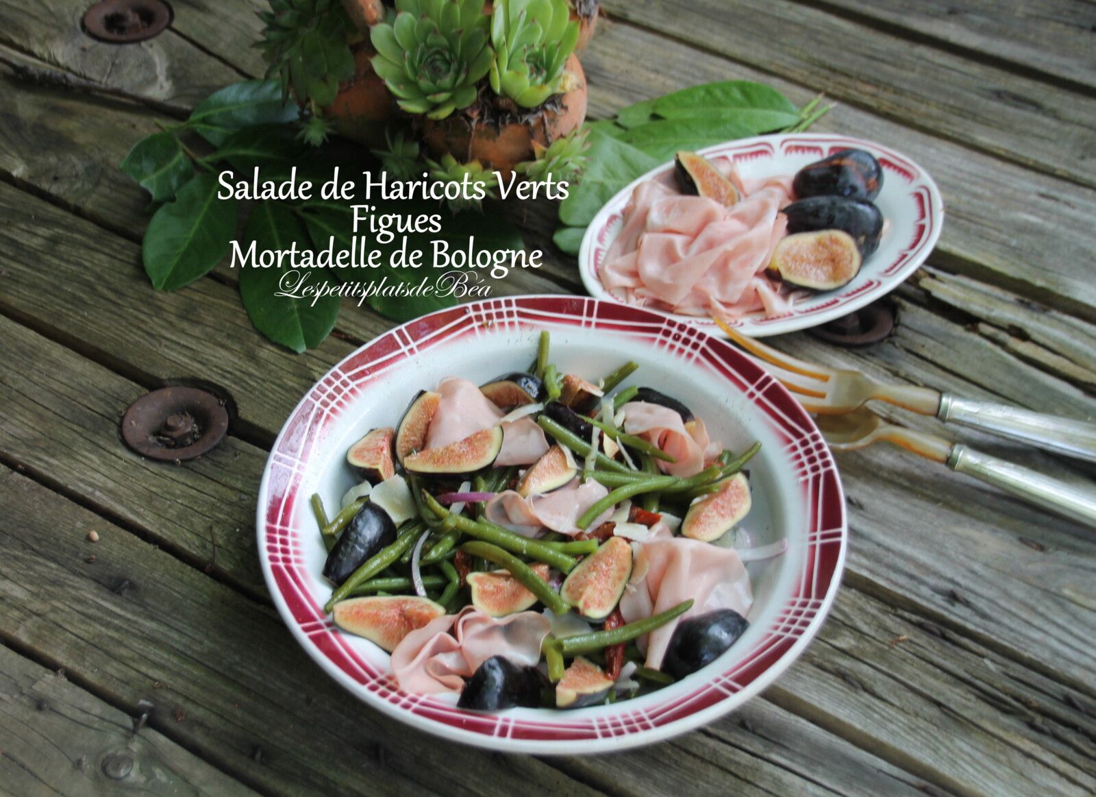 Salade de haricots verts, figues et mortadelle de Bologne