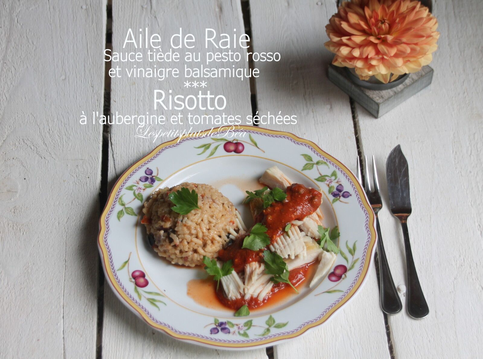 Aile de raie sauce tiède au pesto rouge et vinaigre balsamique et risotto à l'aubergine et tomates séchées