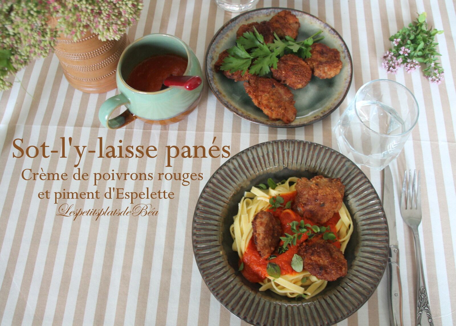 Sot-l'y-laisse panés, crème de poivrons rouges et piment d'Espelette