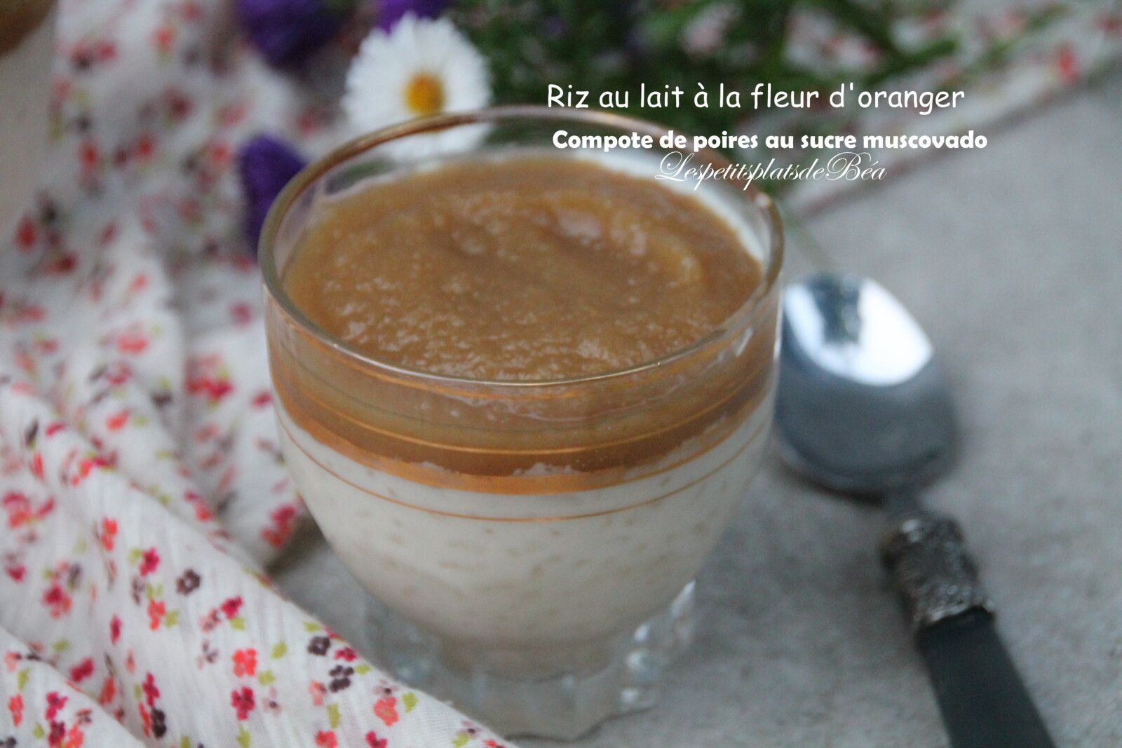 Riz au lait à la fleur d'oranger et compote de poires au sucre muscovado