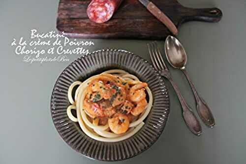 Bucatini à la crème de poivron, chorizo et crevettes