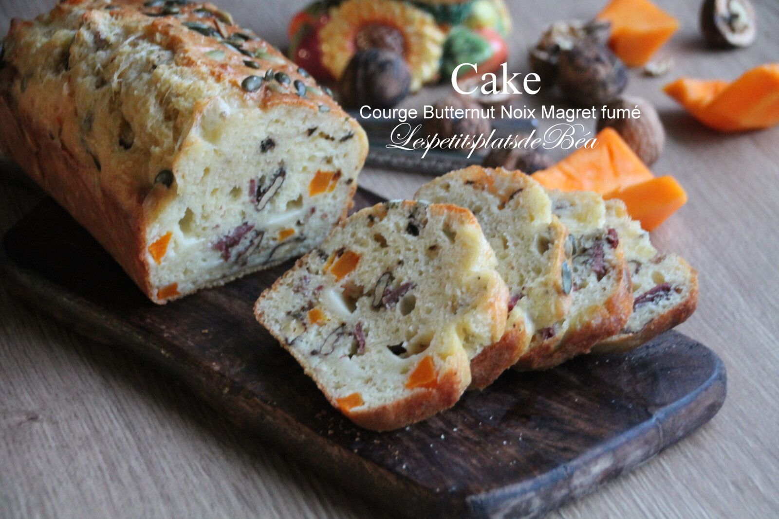 Cake à la courge butternut, noix et magret fumé