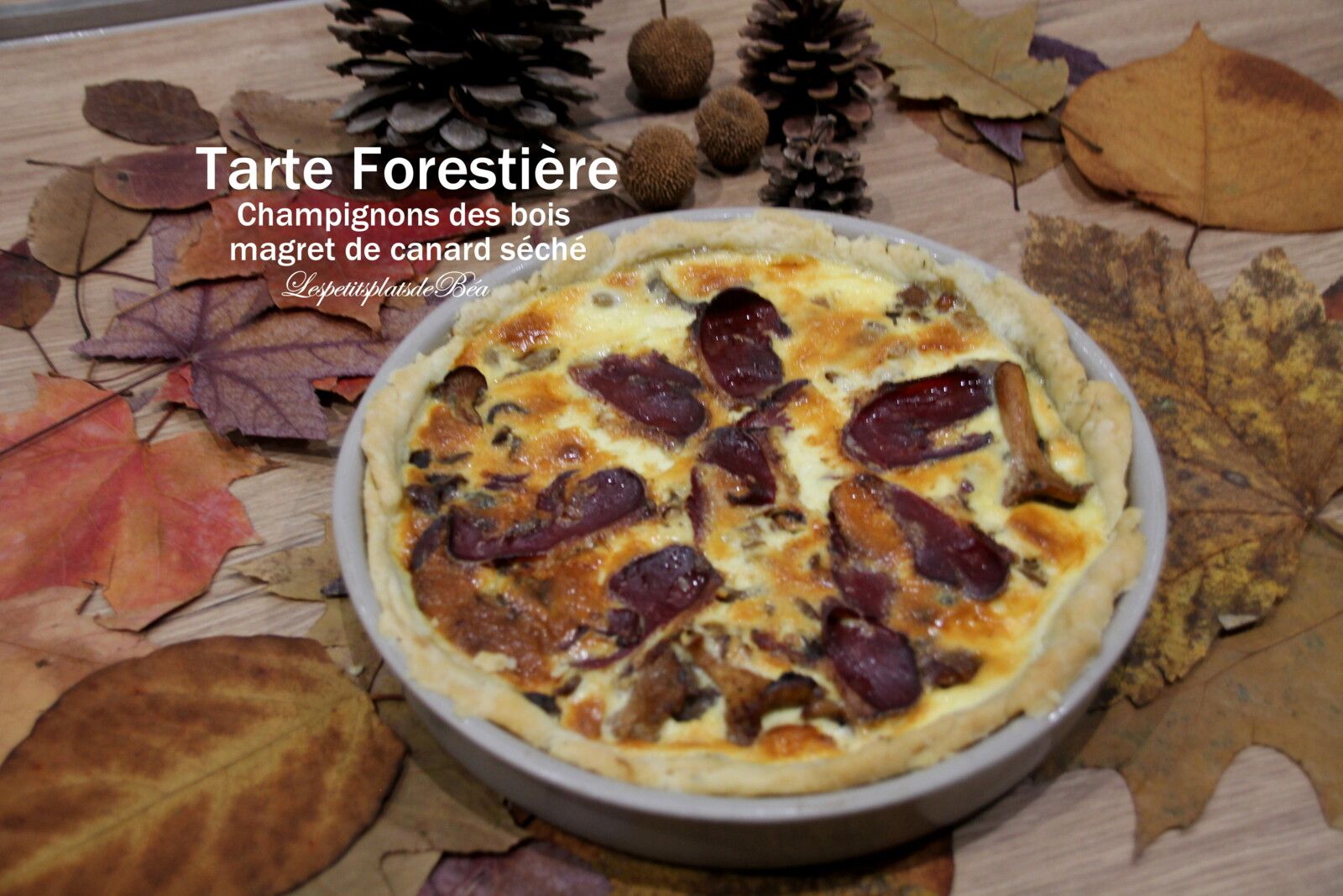 Tarte forestière aux champignons des bois et magret de canard séché
