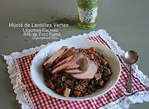 Mijoté de lentilles vertes, légumes racines et rôti de porc fumé