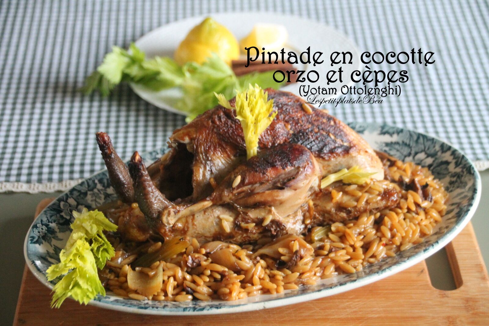 Pintade en cocotte, orzo et cèpes