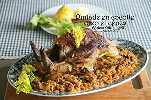 Pintade en cocotte, orzo et cèpes