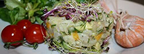 Tartare de dorade mangue avocat gingembre aux herbes fraiches