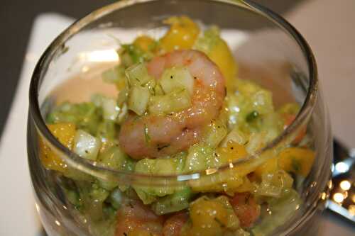 Verrines salade de fenouil, avocat, mangue, crevettes