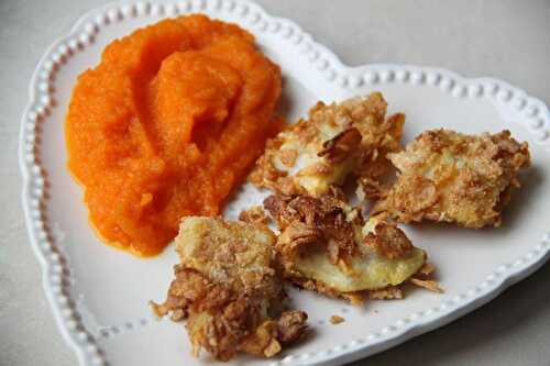 Poisson snacké aux corn flakes, purée de carottes à l'orange