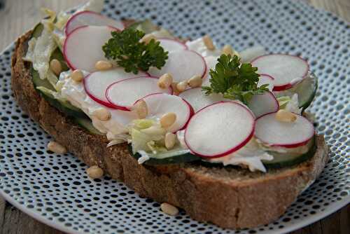 Tartines de fromage frais au concombre et radis rose