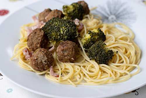 Spaghettis aux brocolis, boulettes de viande et parmesan