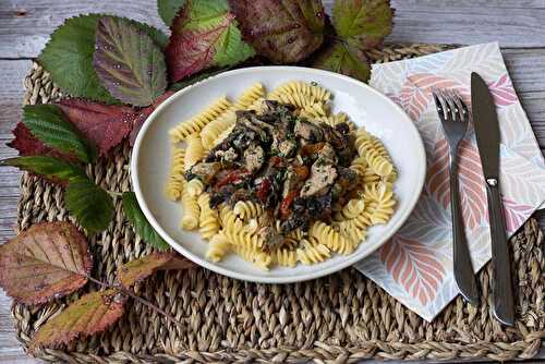 Poêlée de poulet aux champignons et poivrons